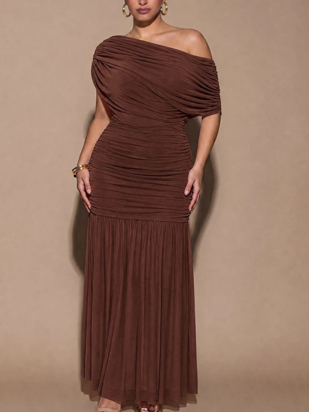 One-Shoulder Ruched Maxi Dress in Brown